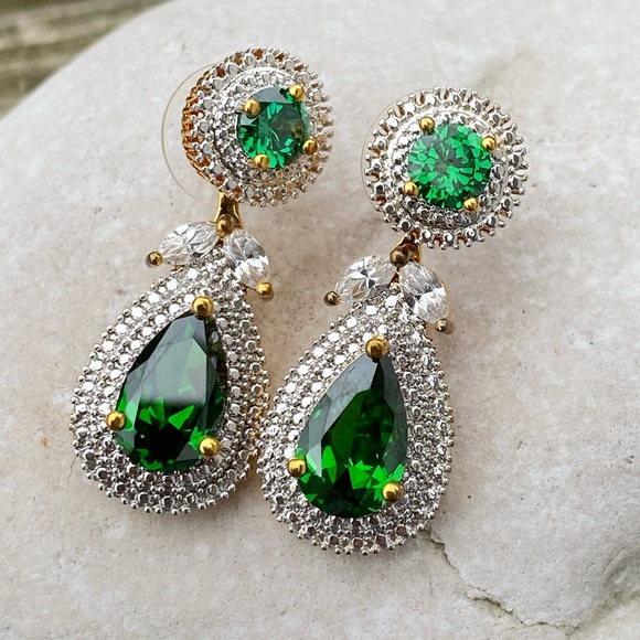 Emerald CZ drop earrings converts to studs or dangle halo gold tone - Picture 3 of 14